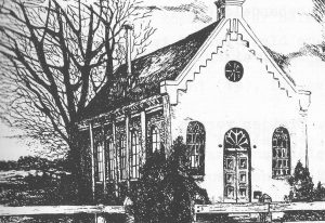 Zo zag het oude gereformeerde kerkje in Oudega eruit. In 1909 werd het afgebroken en naar Drachten vervoerd, waar het weer werd opgebouwd. 