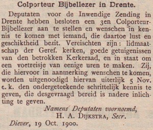 Uit 'De Heraut' van 278 oktober 1900. Na deze oproep werd J. Dekker benoemd.