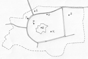 Schematische kaart van Leeuwarden met de zeven protestantse kerkgebouwen (A = Adelaarkerk; F = Fenix; P = Pelikaankerk; K = Koepelkerk; G = Grote of Jacobijnerkerk; O = Open Hof; S = De Schakel.