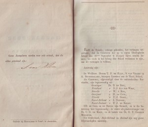 De eerste pagina van de 'Handelingen van de Curatoren der op te rigten Theologische School (...) te Kampen, gehouden in september 1854. Ds. Van Velzen tekende voor de authenticiteit van het verslag... 