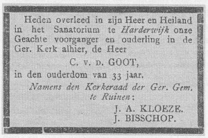 Overlijdensadvertentie van colpoirteur-bijbellezer C. van der Goot (1917) 