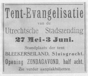 Een aankondiging uit mei 1923 van een tent-evangelisatiebijeenkomst van te Meppel.