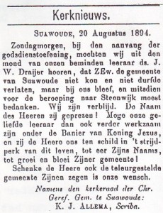 'De Wekker van 24 augustus 1894 meldde met blijdschap dat ds. Draijer voor het beroep naar Steenwijk had bedankt. 