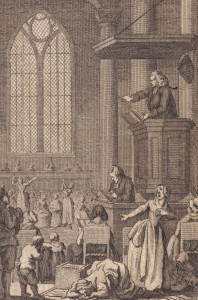 Deze uit 1780 daterende tekening heeft als titel: 'Beroering onder den godsdienst te Nieuwkerk'.