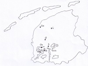Kaart van Friesland. L = Leeuwarden; S = Sneek; H = Heeg; Om = Oosterbierum; G = Gaastmeer; Ou = Oudega-Idzega (Wymbritseradiel); O = Oosterend (Wymbr.)