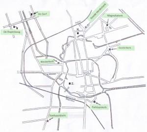 Kart van Groningen met onder meer de in dit artikel genoemde kerken.