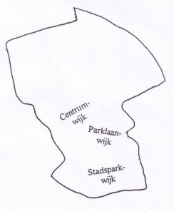 De globale ligging van de drie kerkwijken in de Kerk van Groningen-Zuid, voor de herindeling.
