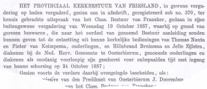 Het vonnis van het porovinciaal kerkbestuur van 9 november 1887, waarbij de kerkenraadsleden ontzdset werden uitd hun ambt. Twee dagen eerder waren de kerkenraadsleden in Doleantie gegaan.