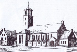 Het eerste plan voor de kerk in de 'Indische buurt', vastgebouwd aan het toen al (en nog steeds) bestaande 'Soembahuis' (rechts).