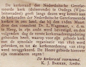Het bericht van de instituering van de 'Nederuditsche Gerformeerde Kerk (doleerende)' te Oudega, in 'De Heraut' van 2 april 1888.
