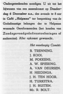 De uitnodiging voor de vergadering van 6 december 1923 in 'Cafe Helpman'.