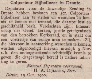Uit 'De Heraut', 28 oktober 1900. J. Dekker reageerde hier ook op en werd benoemd. 