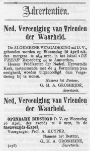 De Vrienden op Marken bezochten ook de bijeenkomsten in Amsdtrdam! (De Heraut, 13 april 1884).
