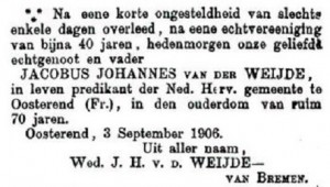 Ds. J.J. van der Weijde. hervormd predikant ten tijde van de Doleantie te Oostereend, overleeg in 1906 (Leeuwarder Coiurqant, 5 september 1906).