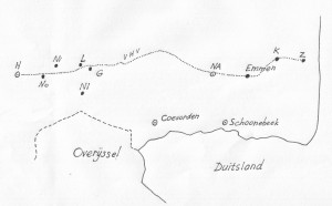Zuidoost Drenthe. H = Hoogeveen; No = Noordschetschut; Ni = Nieuweroord; L = Langerak; Nl = Nieuwlande; G = Geesbrug; VHV = Verlengde Hoogeveensche Vaart; NA = Nieuw-Amstredam; K = Klazienaveen; Z = Zwartemeer. 
