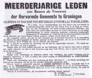 De oproep in de 'Nieuwe Provinciale Gropninger Courant' van 10 mei 1887 aan de meerderjarige leden van de hervormde gemeente om in te stemmen met de reformatie der kerk.