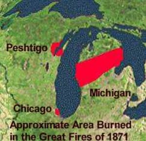 Een kaartje van Michigan met het gebied waar in 1871 de grootste branden plaatsvonden.