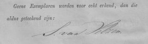 Ds. Van Velzen werd in 1854 docent aan de dat jaar opgerichte Theologische School in Kampen. Hier tekent hij een exemplaar van de 'Handelingen van de Curatoren der op te rigten Theologische School (...) te Kampen. 