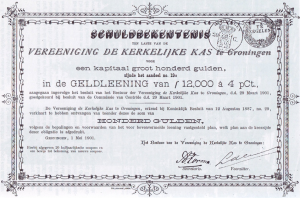 Voor de bouw van de tyweede Zuiderkerk was veel geld nodig. Vandaar een geldlening. A. Forma en L. de Vries Hzn. tekenden namens het bestuur van de 'Kerkelijke Kas'.