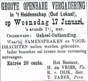 Een advertentie voor een vergaedering in januari 1900 (het kerkje was toen nog niet door de gereformeerden gekocht.