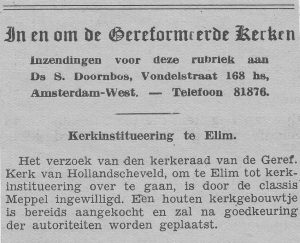 De Gereformeerde Kerk te Elim werd op 7 december 1941 geïnstitueerd (De Heraut, 7 december 1941).