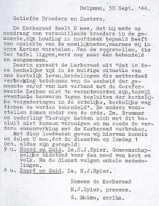 De mededeling van de kerkernaad betreffende de gebeurtenissen van 28 september 1944.