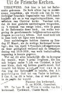 Het persbericht waarin de Doleantie te Tjerkwerd werd aangekondigd.